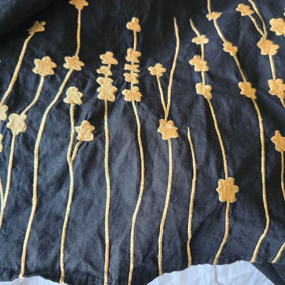 Black Gold Embroidered Midi Dress L 3/4 Sleeve Cotton Pockets Boho Elegant - Picture 10 of 11